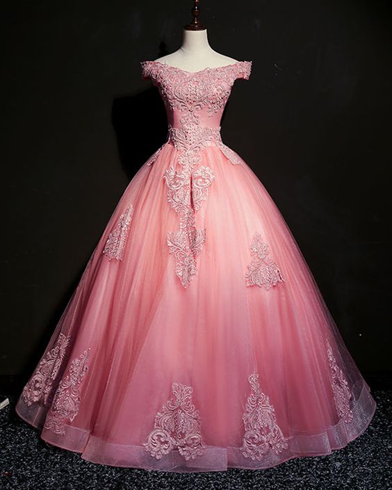 Pink tulle off shoulder v neck long formal dress, prom gown with lace applique cg12046