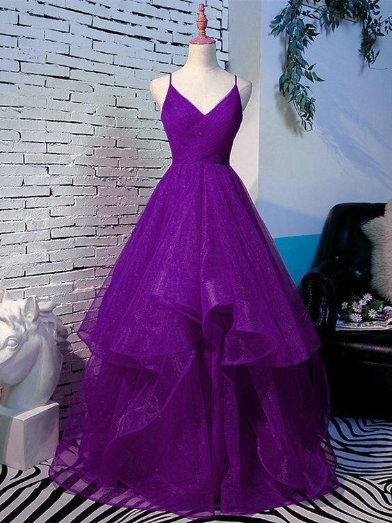 Straps A-Line V Neck Purple Long Prom Dress cg12051