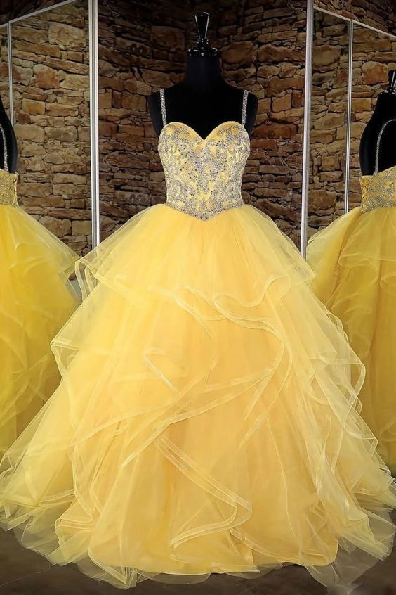 Yellow sweetheart tulle sequin long prom dress, yellow evening dress cg12077