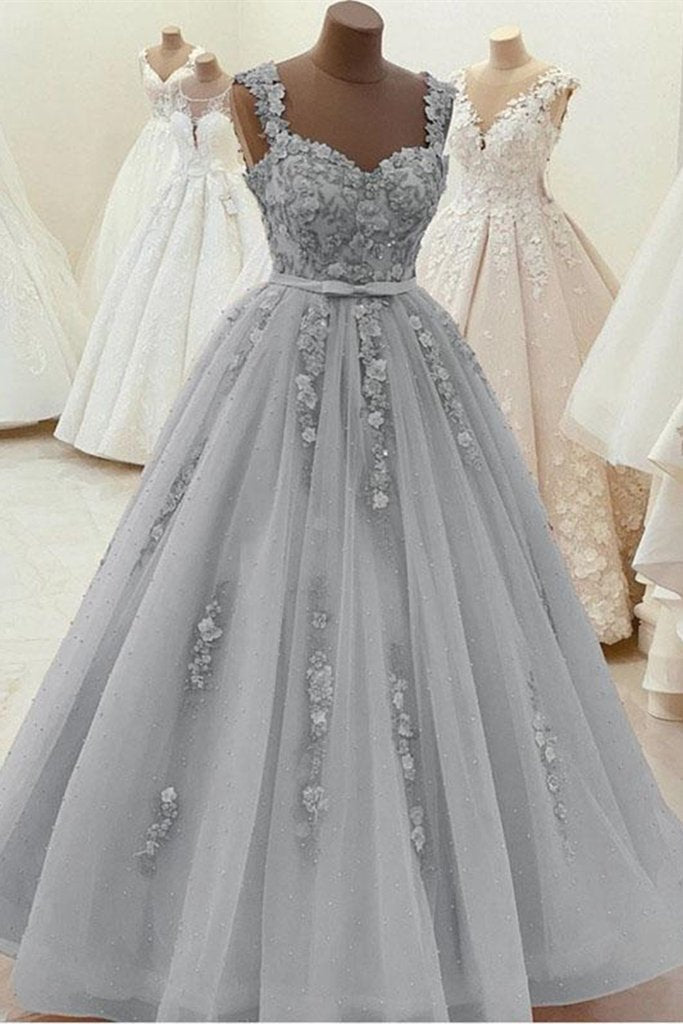 Gorgeous Sweetheart Neck Beaded Gray Floral Lace Prom Dress, Grey Floral Lace Formal Dress, Gray Evening Dress cg12103