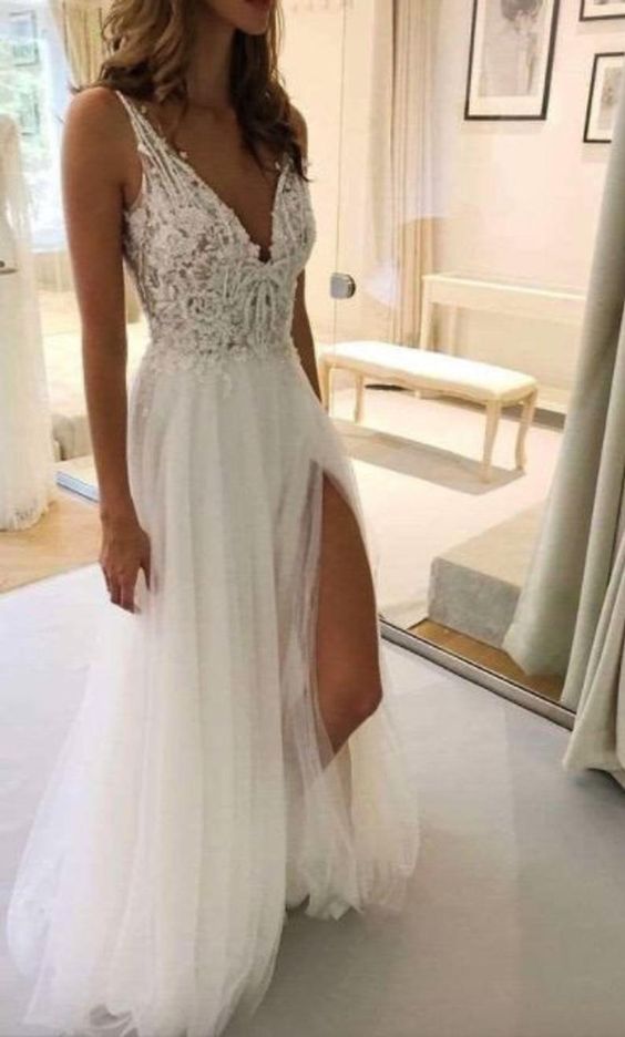 Beach wedding dress with straps Boho lace prom dress with a slit on the sides cg12107