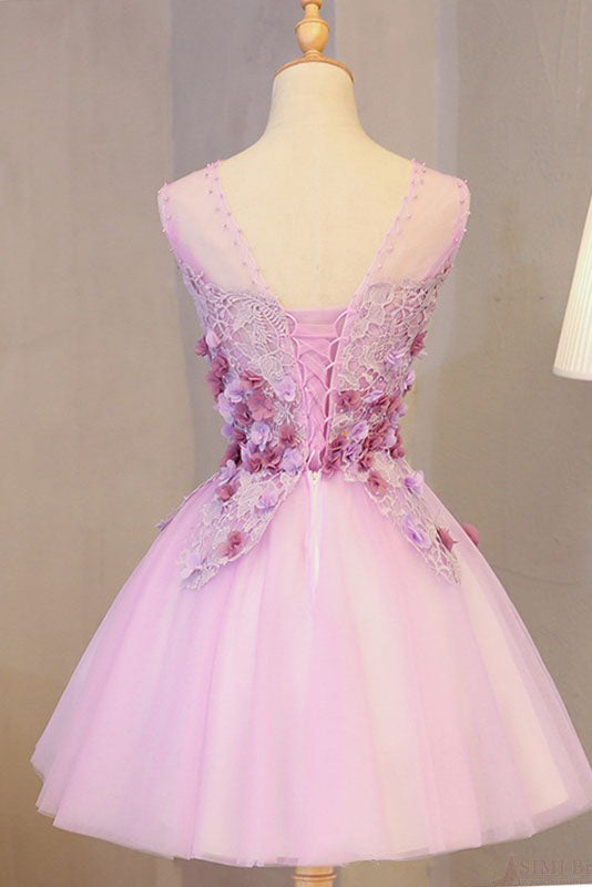 A Line Short Tulle With Appliques, Cute Sleeveless homecoming Dress With Flowers, Appliqued Graduation Dress cg12117