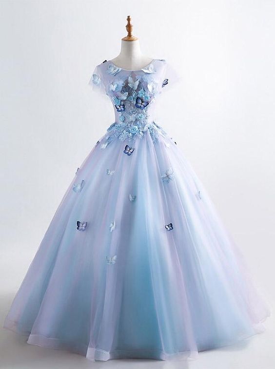 Princess Blue Quinceanera Dress 3D Butterfly Floral Applique Prom Ball Gown cg12139