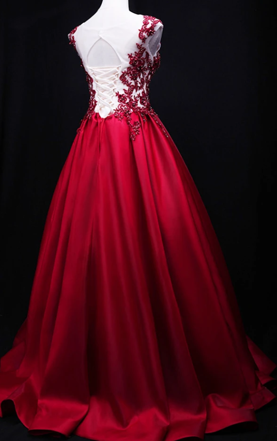 Gorgeous Dark Red Satin Long Cap Sleeves Formal Dress, Prom Dress 2020   cg12149