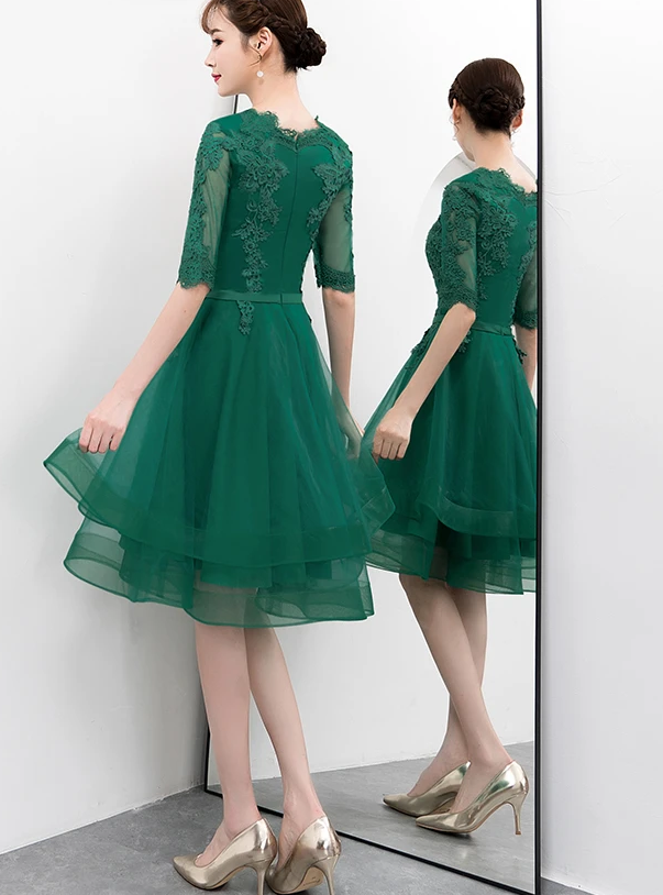 Charming Dark Green Tulle Knee Length Short Sleeves Party Dress Homecoming Dress cg12151