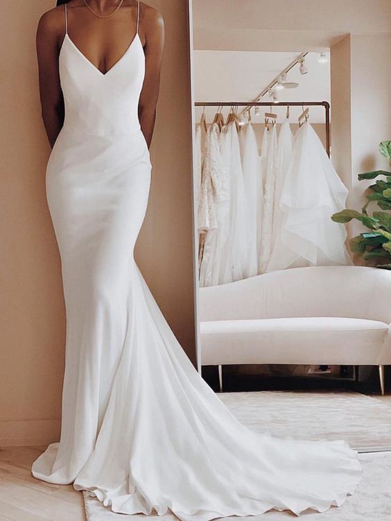 Long Ivory Satin Spaghetti Strap V-Neck Mermaid Formal Dress With Sweep Train Prom Dress, cg12164