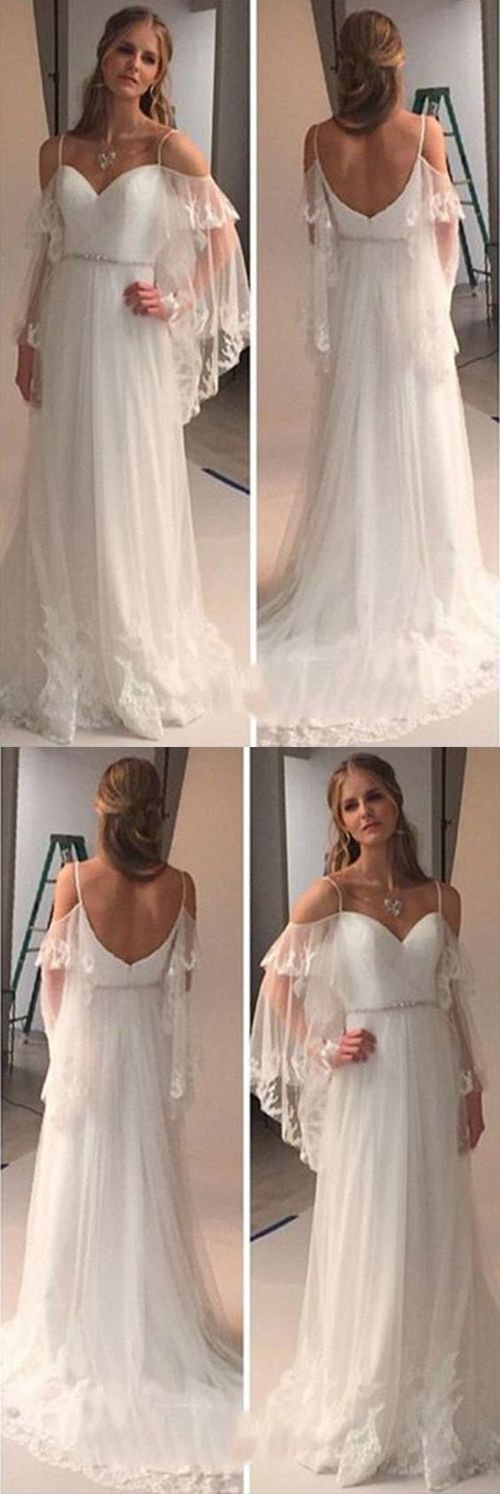 Elegant Cold Shoulders Hippie A Line Tulle Long Sweep Train Wedding prom Dress cg12166