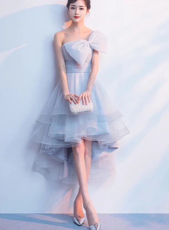 Grey Tulle One Shoulder High Low Party Dress, Grey Homecoming Dress with Bow cg12262