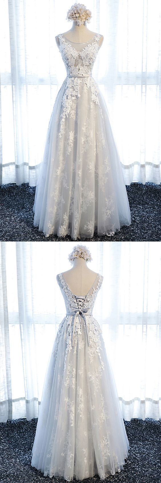 Gorgeous Long Lace A Line Prom Formal Dress Long Tulle Sleeveless cg12284