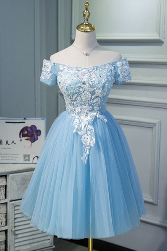 Cute Blue Tulle Off Shoulder Knee Length Homecoming Dress With Sleeves cg12286
