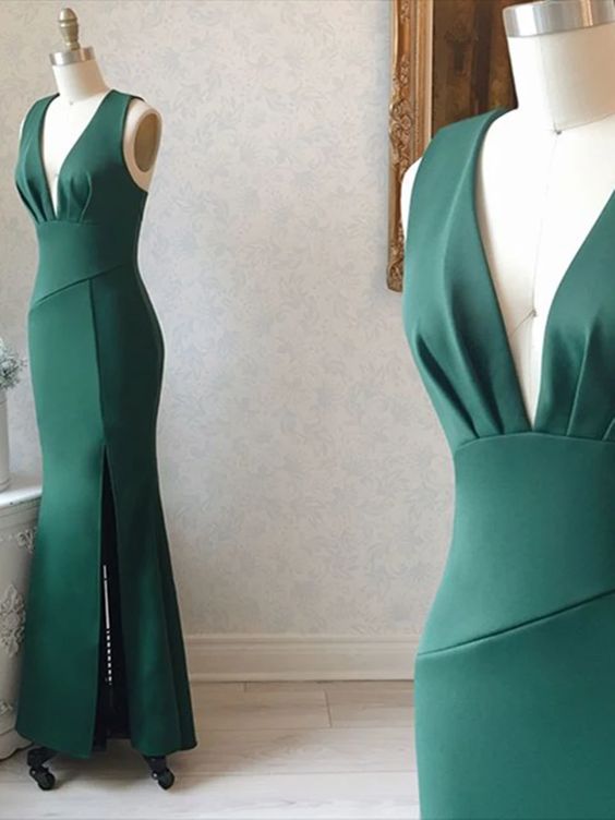 Mermaid V Neck Green Satin Long Prom Dresses, Green Mermaid Long Formal Evening Dresses cg12301
