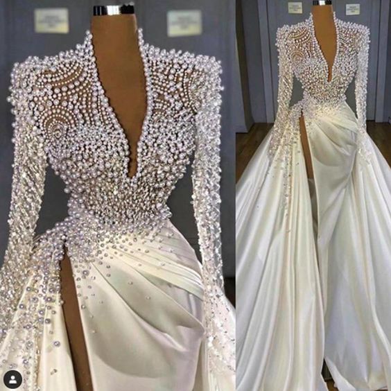 white prom dresses 2021 deep v neck long sleeve pearls long sleeve a line side slit pleats white long satin long evening dresses gowns cg12324