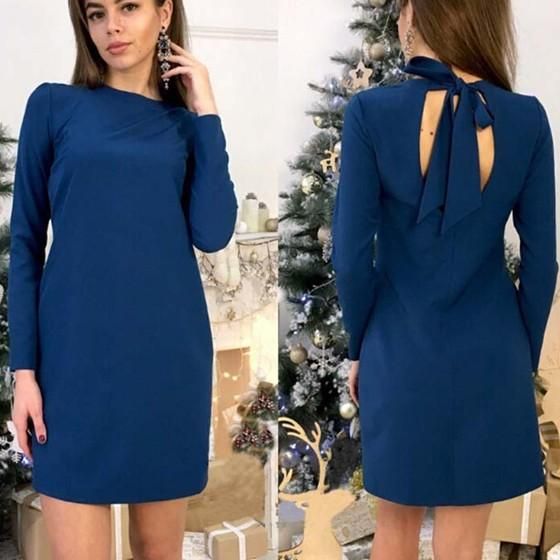 Blue Plain Cut Out Tie Back Round Neck Mini Dress Homecoming Dresses cg12330