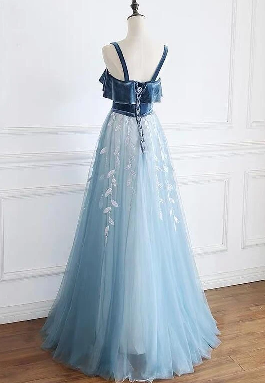 Blue Straps Beautiful Tulle And Velvet Long Party prom Dress, A-Line Blue Evening Dress cg12375