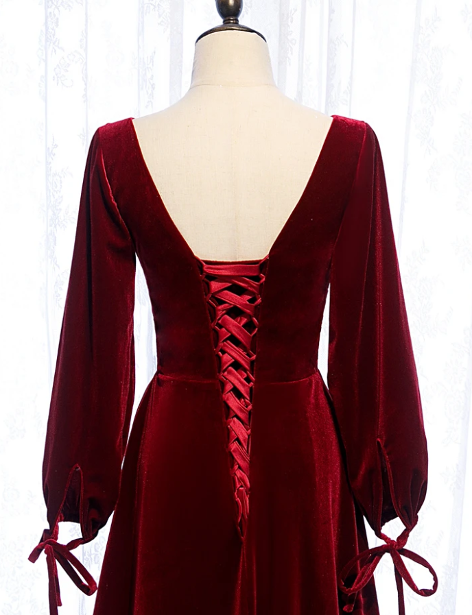 Charming Dark Red Velvet Long Sleeves A-Line Party Dress Party prom Dress    cg12376
