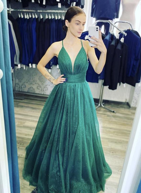 Green v neck tulle long prom dress evening dress cg12409