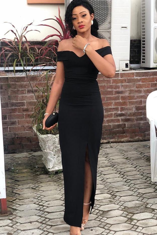 Off The Shoulder Sheath Black Floor Length Simple Casual Prom Dresses Party Dresses cg12419
