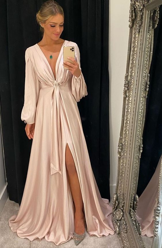 A-Line V-Neck Long Prom Dress with Split cg12428