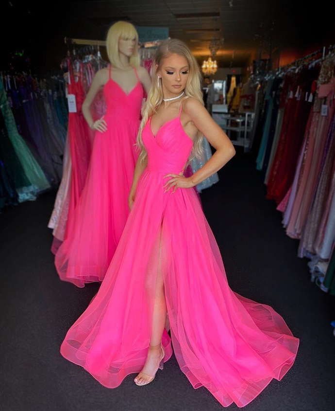 Spaghetti Straps Tulle A-Line Evening Prom Dress Pink Simple vestidos de festa longo Formal Party Dress Side Split cg12444