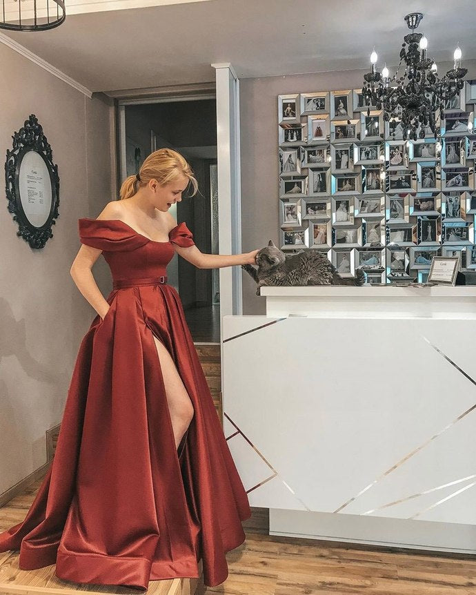 Off the Shoulder Satin Evening Formal Dress A Line Burgundy prom dress cg12446