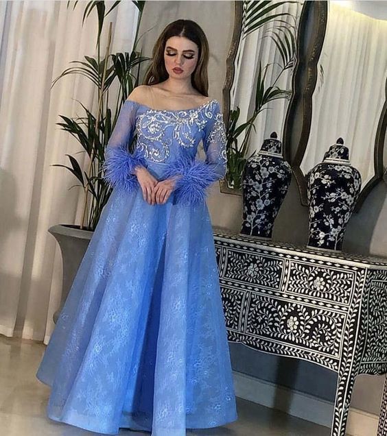 New Arrival Blue Illusion O Neck Beaded Stones Long Sleeve Feather Floor Length Lace Prom Dresses cg12460
