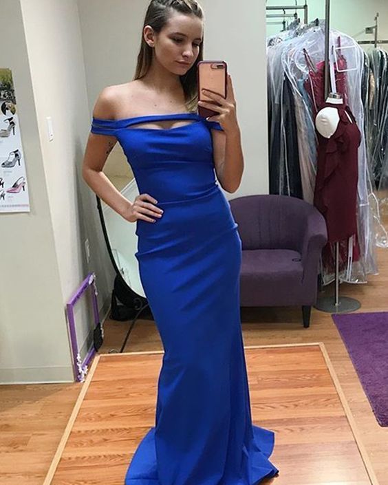 Long Off the Shoulder Royal Blue Cutout Satin Mermaid Prom Dress cg12482