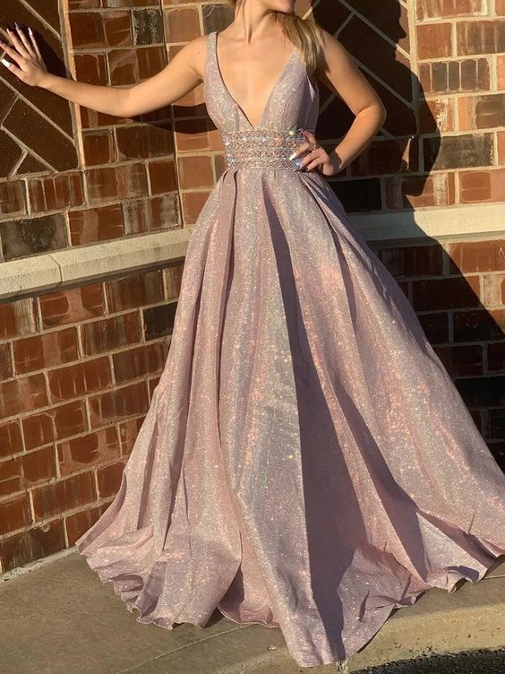 Sexy Deep V-Neck A-Line Long Sparkly Prom Evening Dresses cg12486