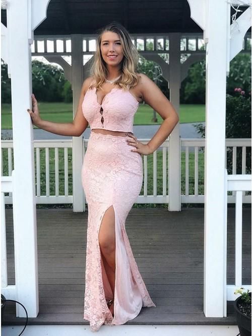 Mermaid Two-Pieces V-neck Sleeveless Split Lace Prom Dress cg12500