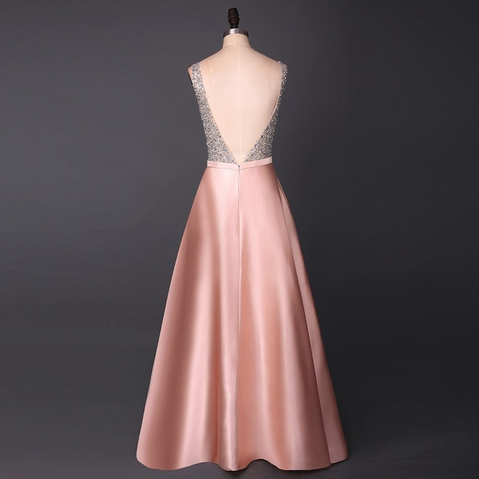 A Line Evening Dress Beading V Neck Sleeveless Long Evening Dresses Floor Length Satin prom dress cg12504