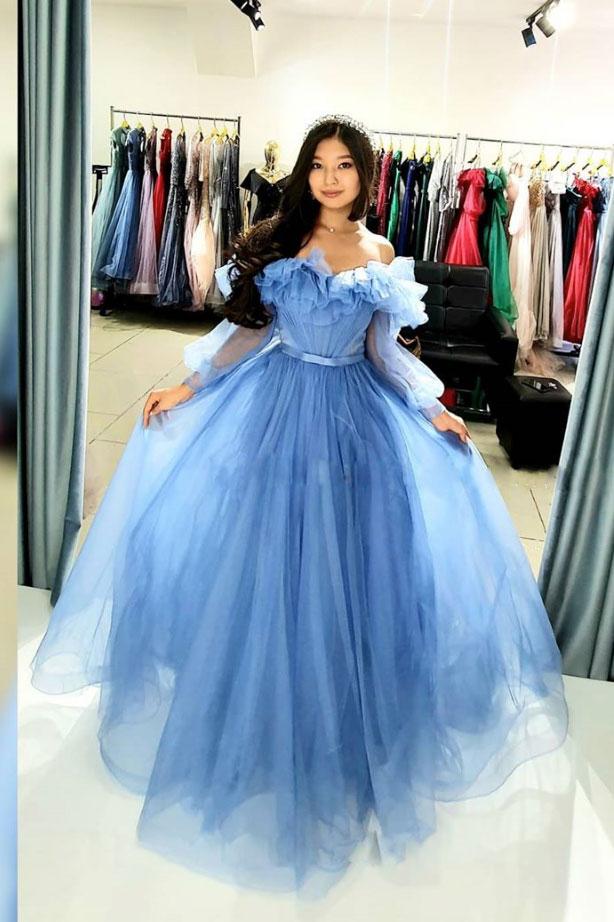 BLUE SWEETHEART TULLE LONG PROM DRESS BLUE FORMAL DRESS cg12505