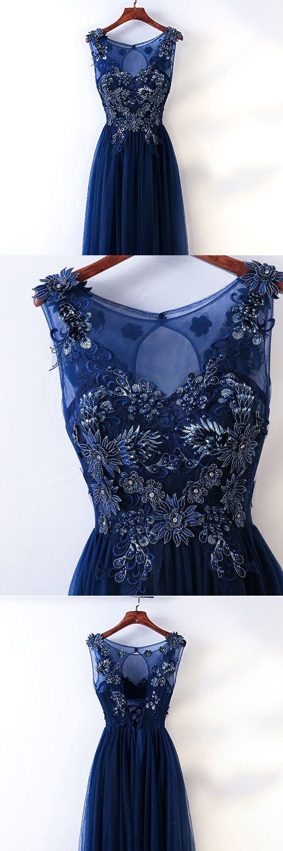 Long Navy Blue Tulle Prom Dress With Embroidery Sleeveless cg12507