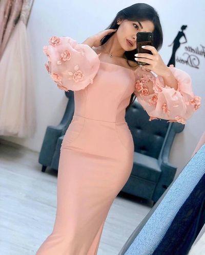 Pink Long Sleeve Flowers Mermaid Prom Dress cg12514