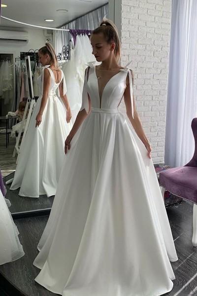 Simple White Satin A Line Wedding Dress Sexy Open Back prom dress, cg12517