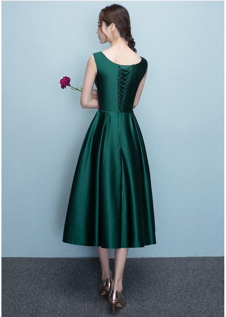 Dark Green Tea Length Bridesmaid Dress, Green Satin Prom Dress cg12523