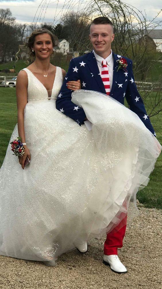 A-line V Neck White Prom Dress , Charming Prom Dress cg12548