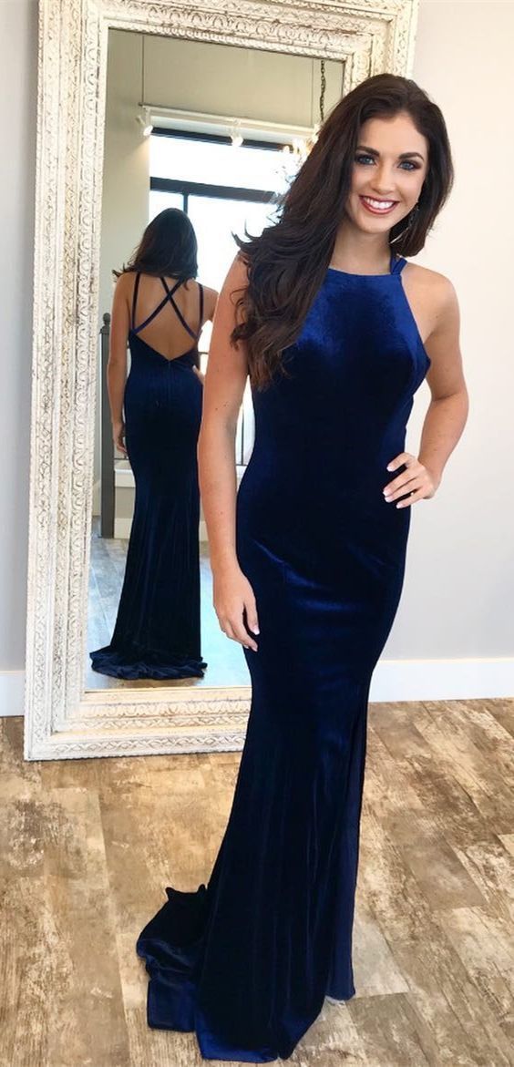 Mermaid Square Criss-Cross Straps Sweep Train Royal Blue Velvet Prom Dress cg12561