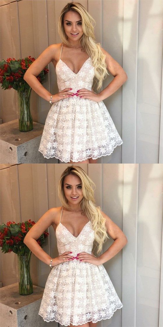 Sexy V-neck Spaghetti Straps Short White Lace Homecoming Dresses cg1258