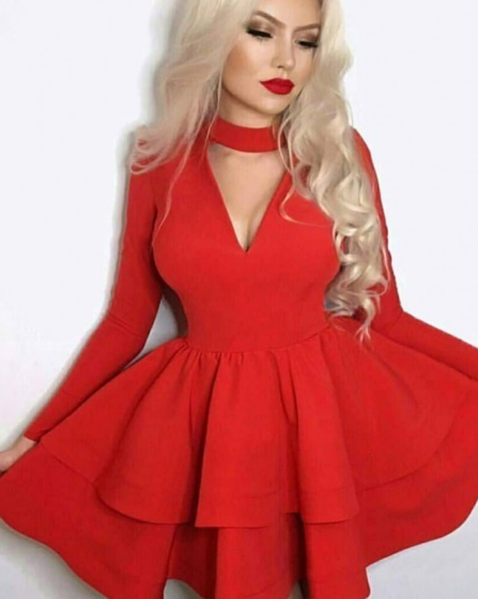A-Line Choker Neck Long Sleeves Red Satin Homecoming Dress cg12581