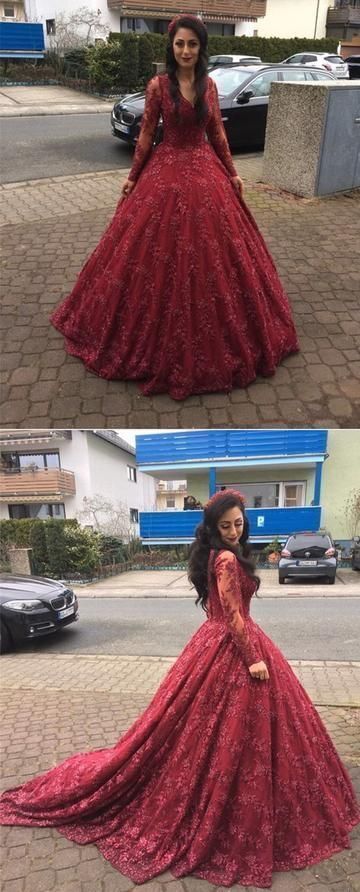 Long Sleeve Lace Burgundy Ball Gown Prom Dress, Formal Quinceanera Dress cg12582