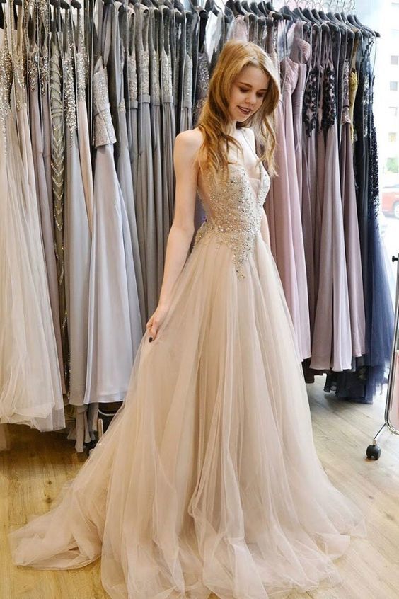 Light Champagne Tulle Lace Beaded V Neck Long Pageant Prom Dress cg12599