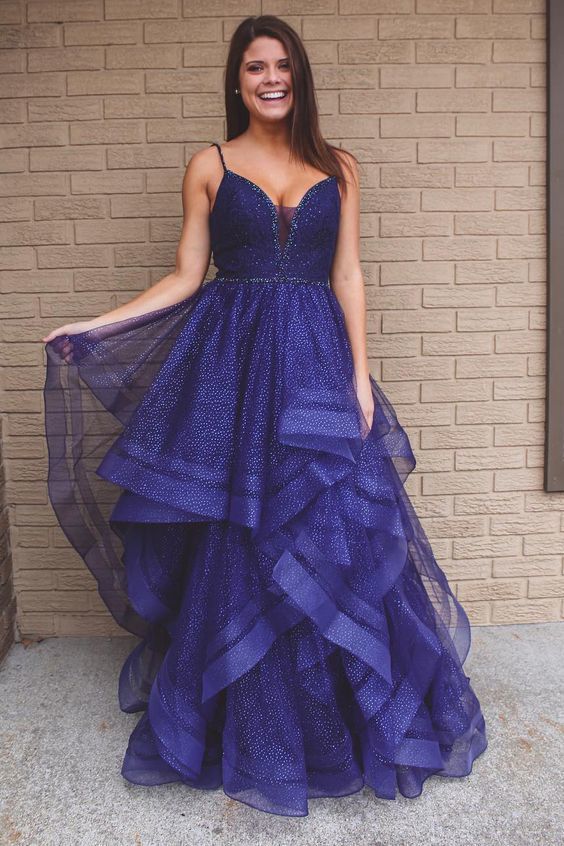Spaghetti Straps Cascading Ruffles Regency Prom Dress cg12611