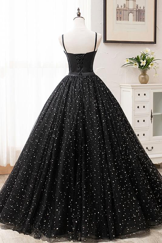 Beautiful Black Prom Dresses, Princess Spaghetti Straps Sleeveless Backless Party Dress cg12617