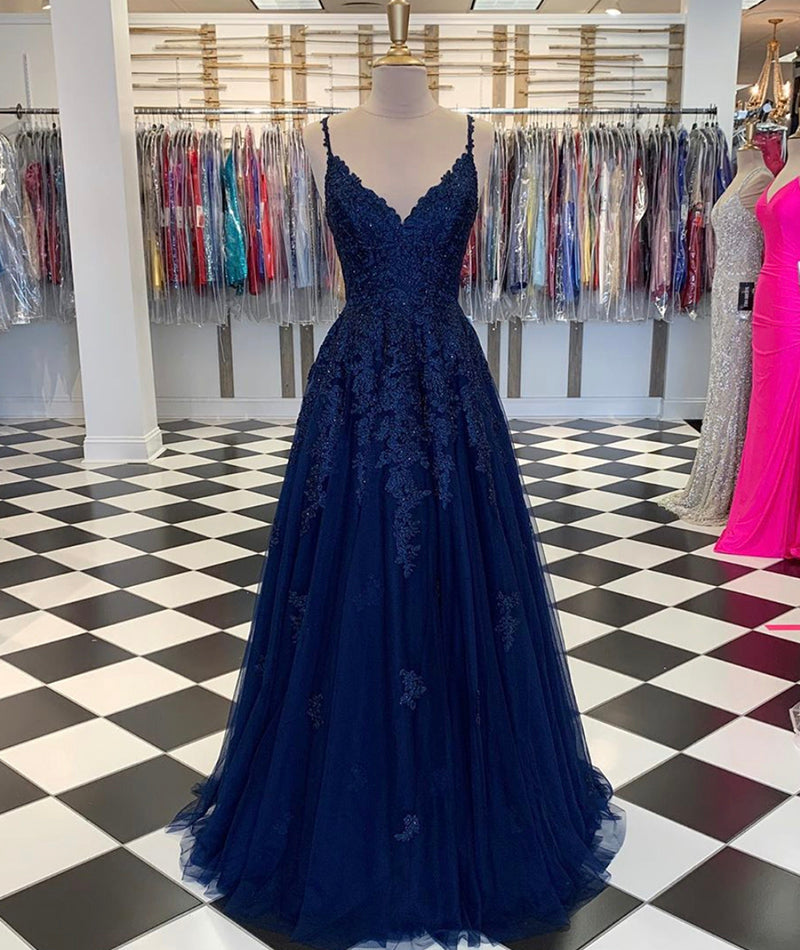 BLUE V NECK TULLE LACE LONG PROM DRESS EVENING DRESS cg12619