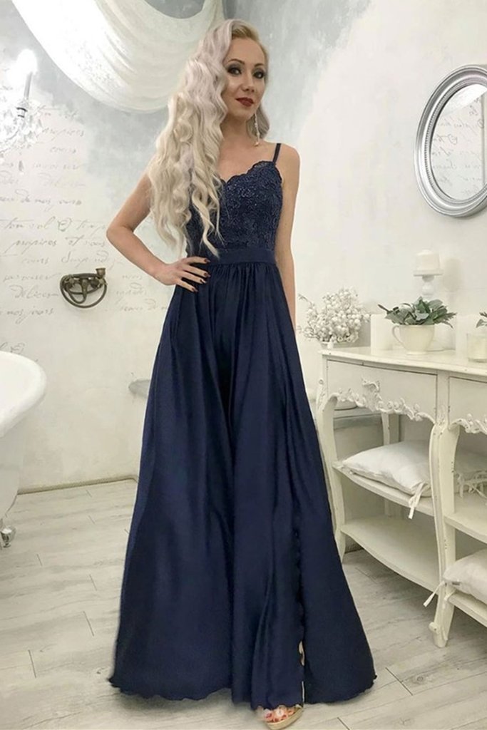 A Line Sweetheart Neck Lace Navy Blue Long Prom Dress with split, Navy Blue Lace Formal Graduation Evening Dress cg12626