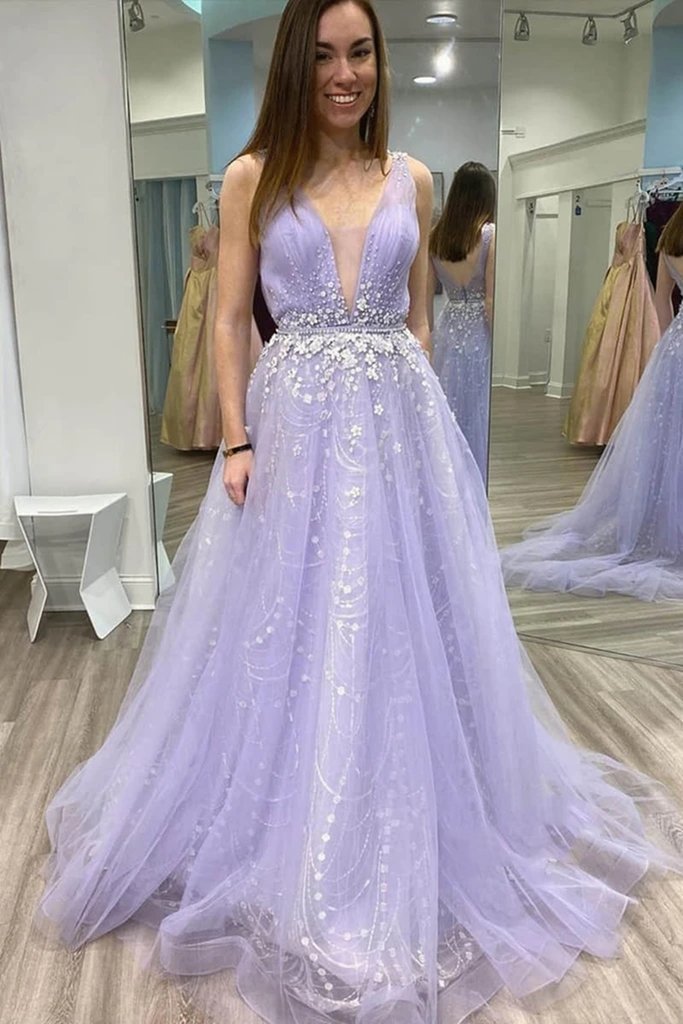 A Line V Neck Tulle Lace Appliques Long Lilac Prom Dress, V Neck Lace Appliques Lilac Formal Dress, Lace Lilac Evening Dress cg12628