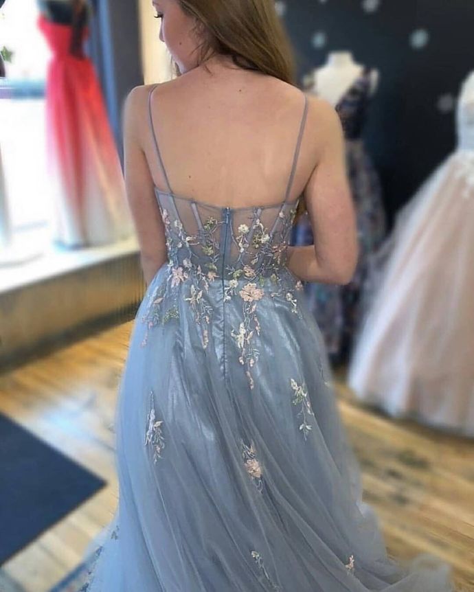 Newest Spaghetti Straps Appliques A-Line Prom Dresses, Evening Dress Prom Gowns cg12634