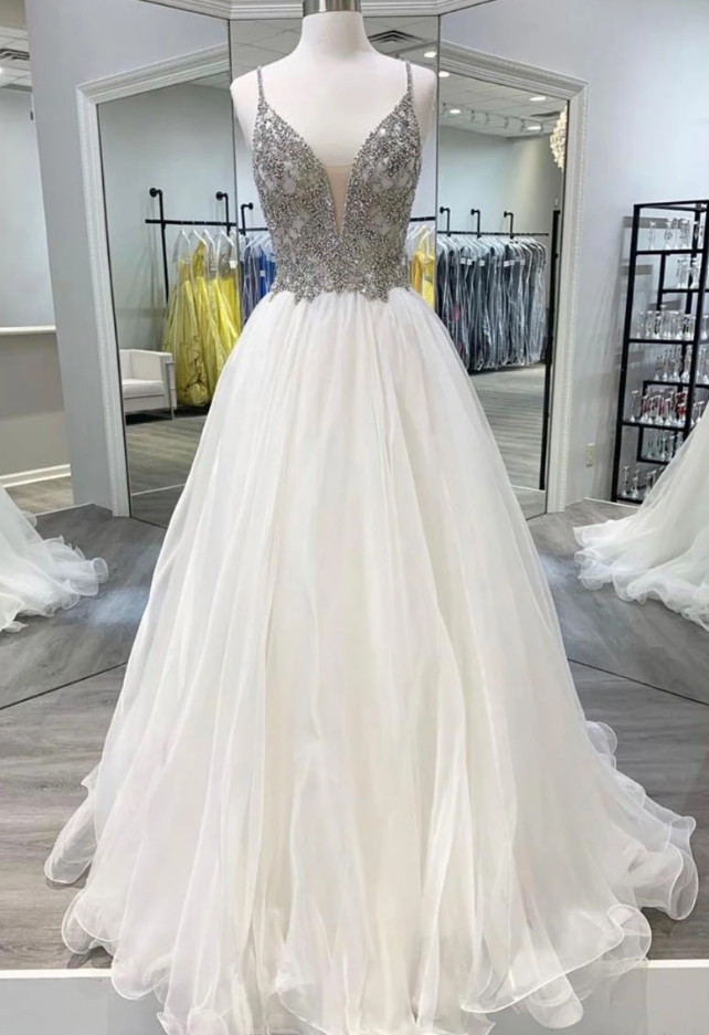 White v neck tulle long prom dress white tulle formal dress cg12655