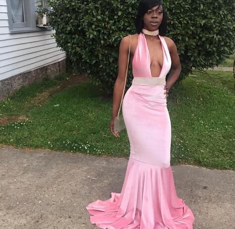 Sexy Pink Deep V Neck Sheath Velvet Backless Prom Dresses cg12668