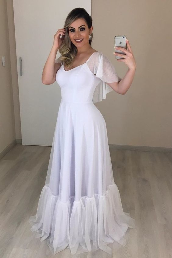 Prom Dresses Beautiful Open Back Beach Wedding Dress, Cap Sleeve Bridal Gown cg12673