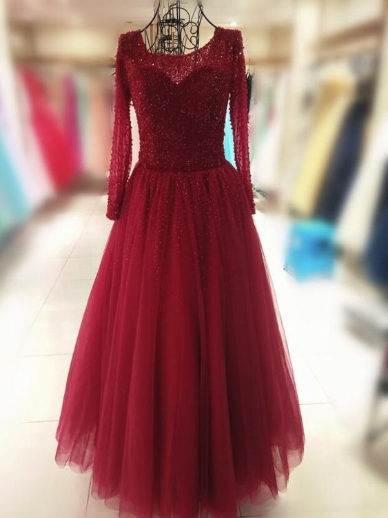 Gorgeous Wine Red Tulle Beaded Long Sleeves Prom Gown, Sweet 16 Dresses cg12680